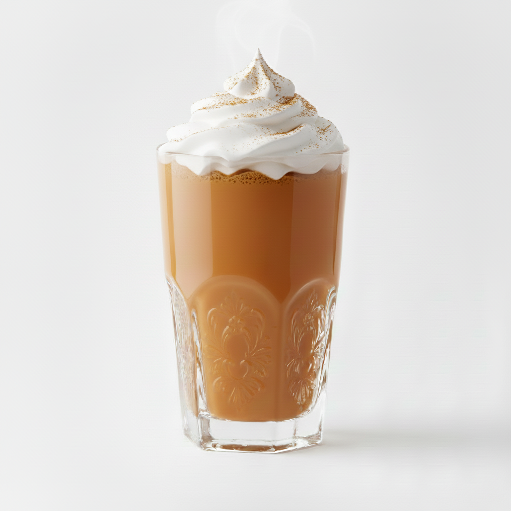Fancy chai with whipped cream in decorative glass with white background
