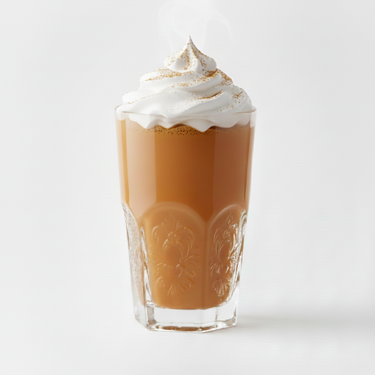 Fancy chai with whipped cream in decorative glass with white background