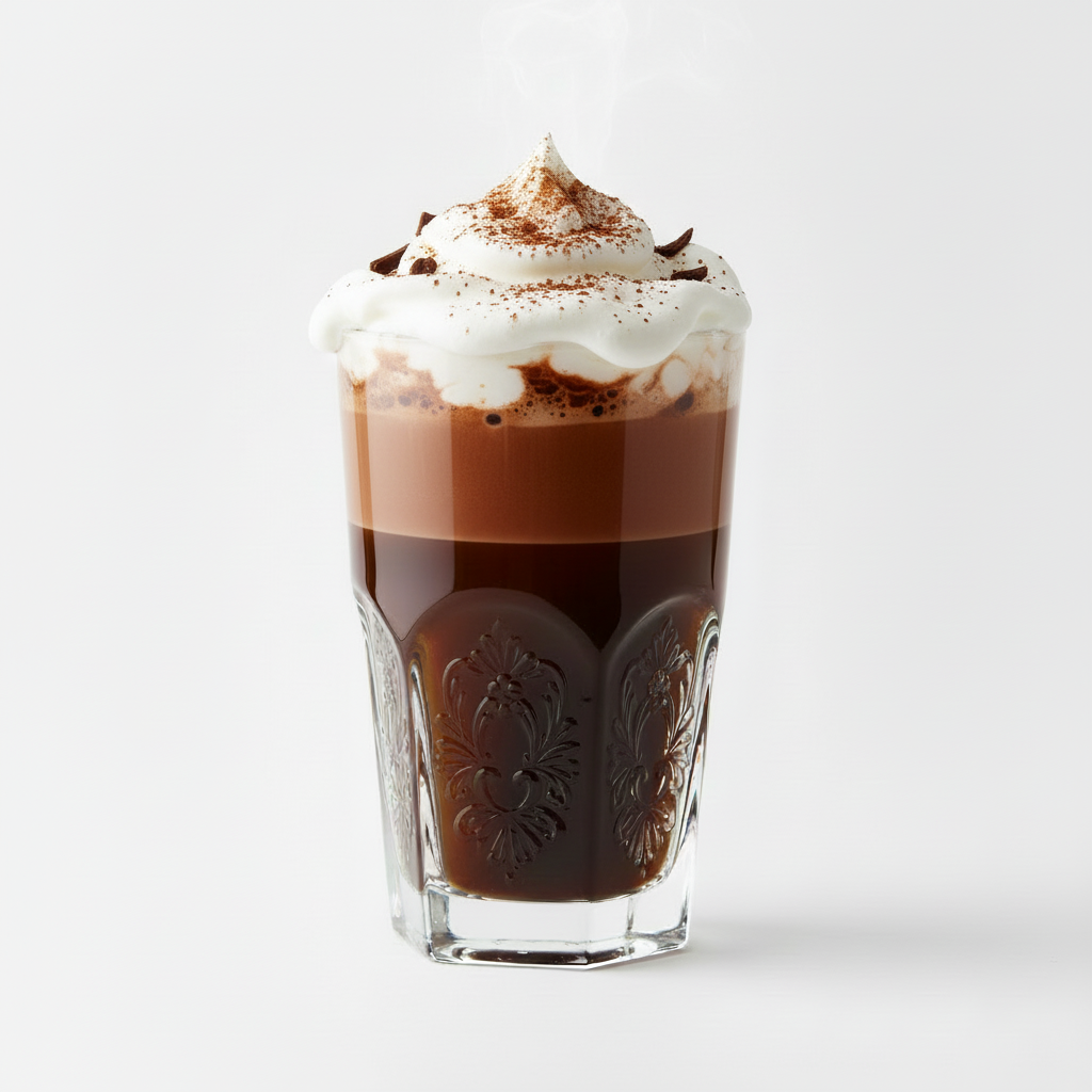 Hot chocolate in decorative glass with white background