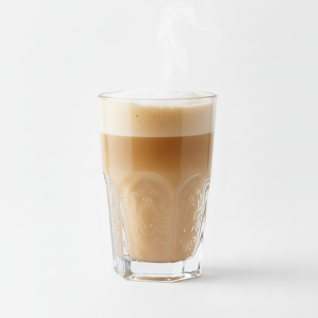 Latte in fancy glass with white background