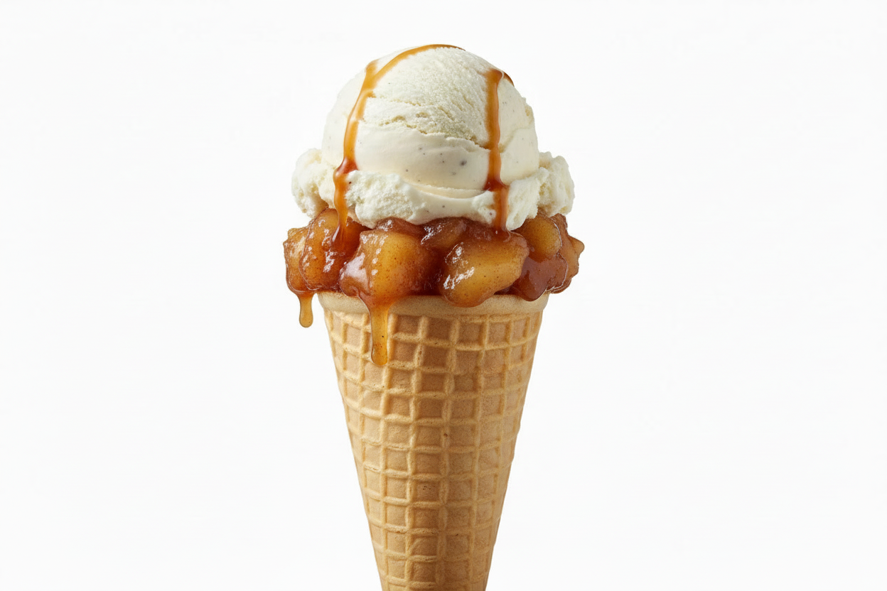 Sugar cone with apple pie filling and vanilla ice cream
